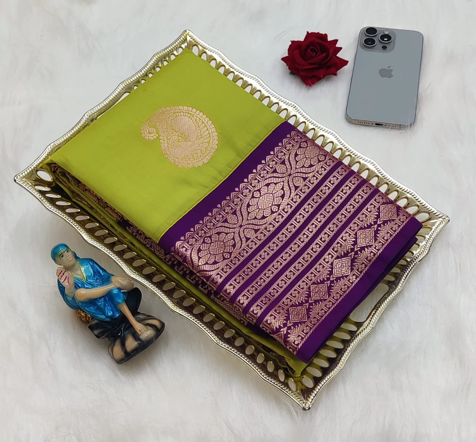 Paisley Motif with Purple Floral Border Korvai Soft Silk Saree
